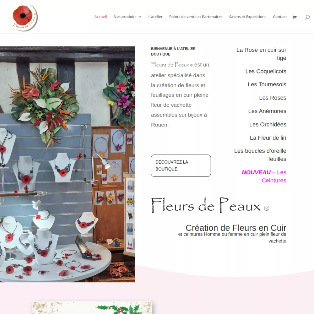 Aperçu du site Fleurs de peaux, création de bijoux en cuir conçu par COESIS