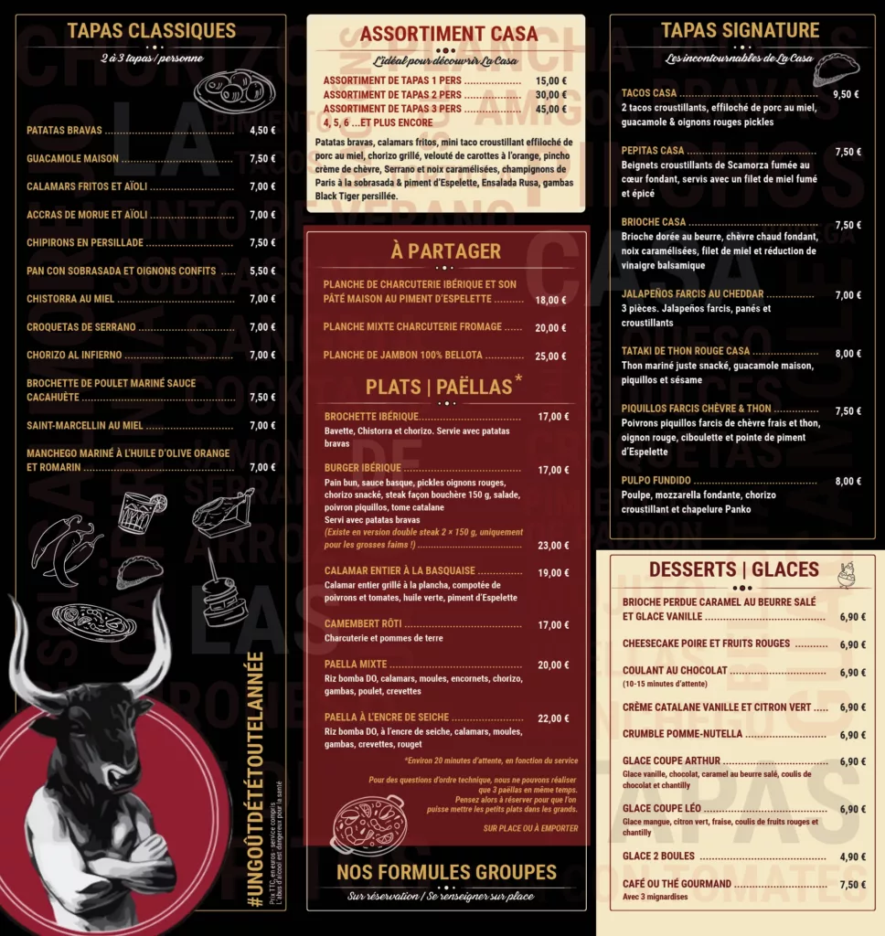 Carte hiver 2026 du restaurant La Casa de las Tapas à Évreux
